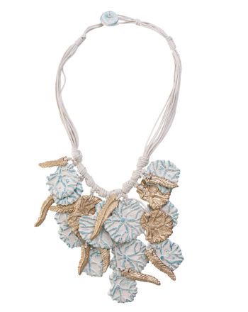 NECKLACE FROM RECYCLED MATERIALS IN BEIGE/GOLD/LIGHT BLUE COLOR