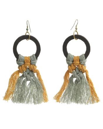 MACRAME EARRINGS IN GREY/YELLOW COLOR WITH TASSELS