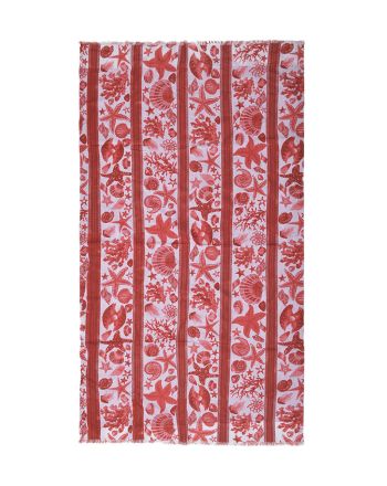 DOUBLEFACED TOWEL IN WHITE/RED COLOR WITH SHELLS AND STARFISH (50%COTTON 50%POLYESTER)
