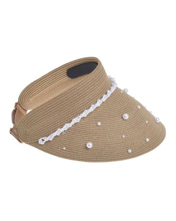 STRAW OPEN-HAT IN BROWN COLOR WITH PEARLS ONE SIZE 20CM (100% PAPER)