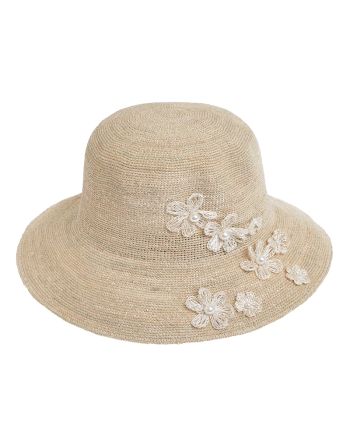STRAW HAT IN BEIGE COLOR WITH FLOWERS ONE SIZE 8CM (100% RAFFIA)