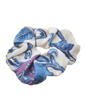SCRUNCHIE IN ECRU WITH BLUE/GOLD FLORAL PATTERN  Φ8Χ2